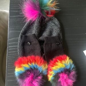 Bari Lynn Pom Pom Beanie with Full Finger Fur Gloves - Hat & Gloves Set